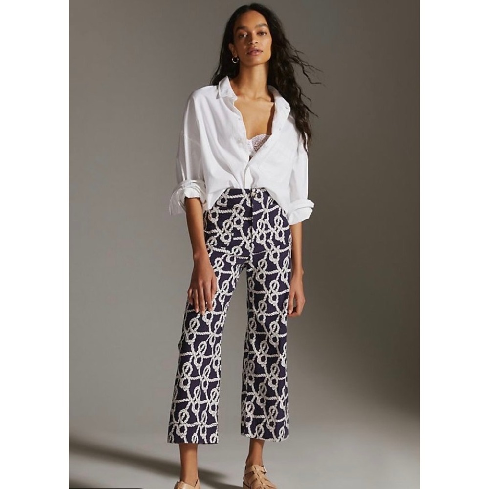 Maeve Anthropologie The Colette Cropped Wide Leg Pants Navy Rope Print Size 29